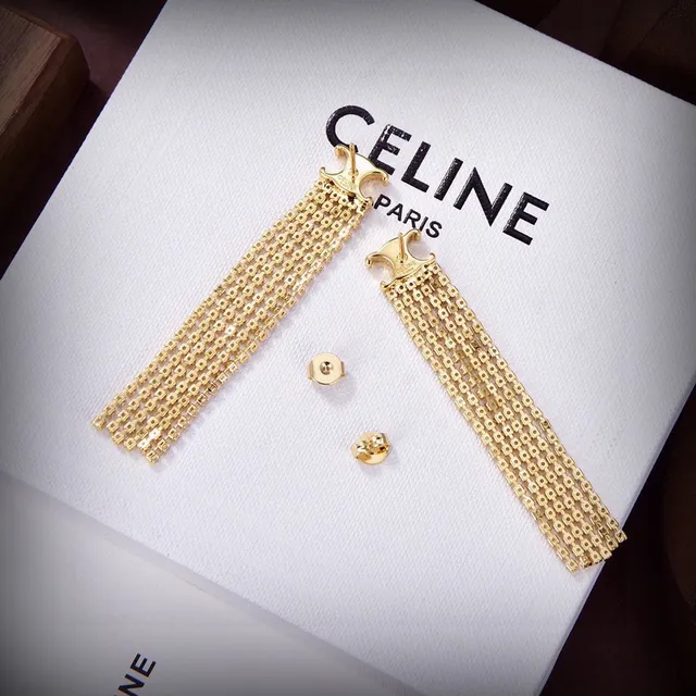 Celine Triomphe Prata Dourado Logo Motivo Multi-Linha Cristal Franjas Brincos 3