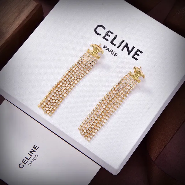 Celine Triomphe Prata Dourado Logo Motivo Multi-Linha Cristal Franjas Brincos 4
