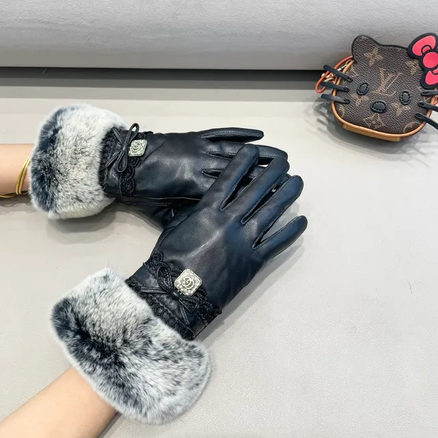Chanel 黑色灰色大理石纹仿皮草袖口皮革手套 7