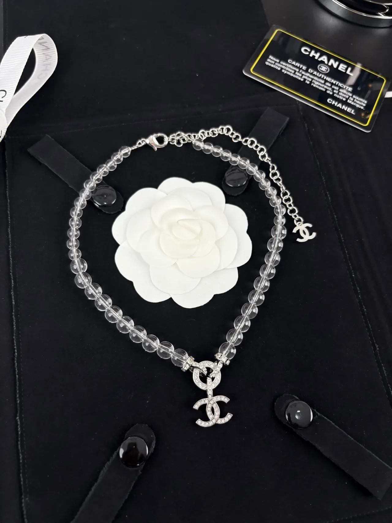 Chanel CC Pendant Necklace Transparent Silver Clear Acrylic Beads Pavé-Crystal Necklace 2