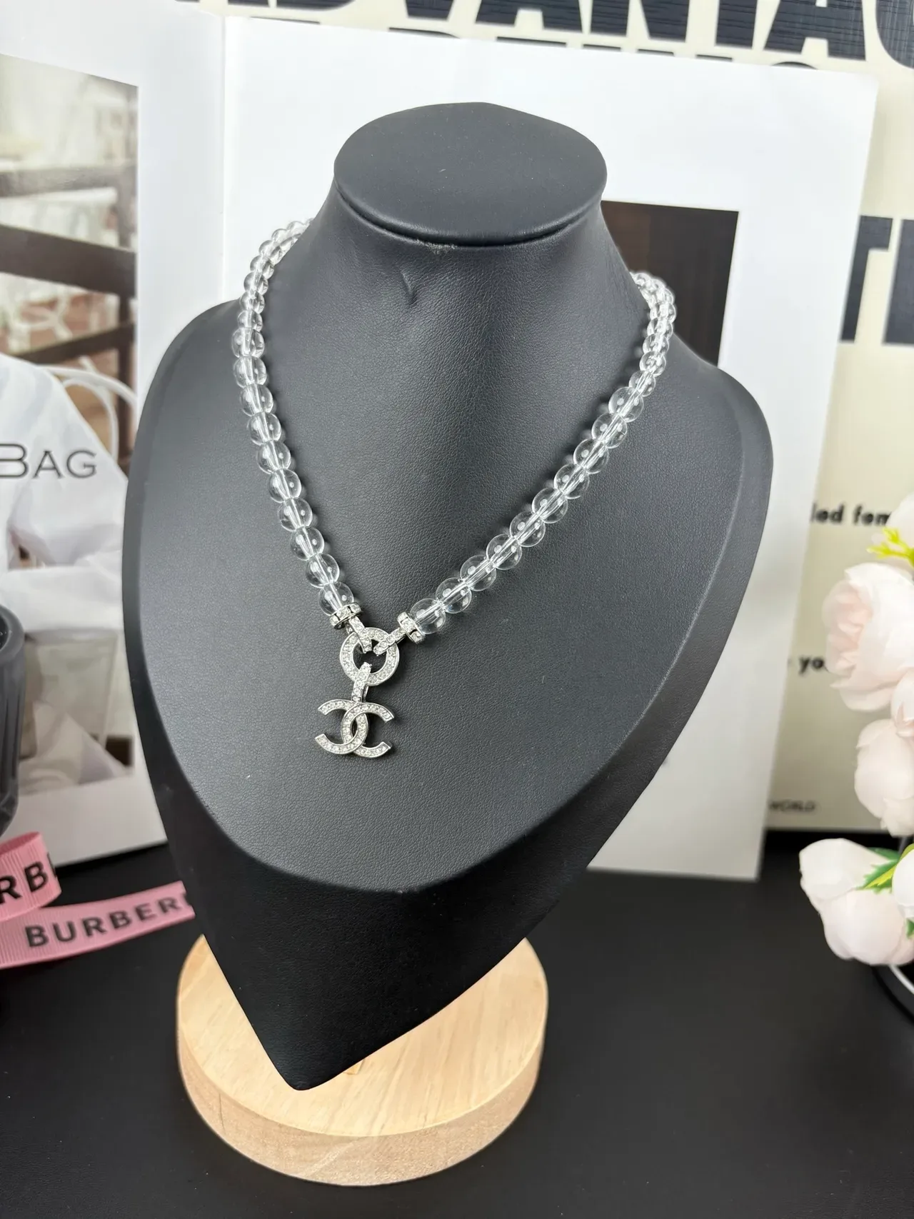 Chanel CC Pendant Necklace Transparent Silver Clear Acrylic Beads Pavé-Crystal Necklace 3