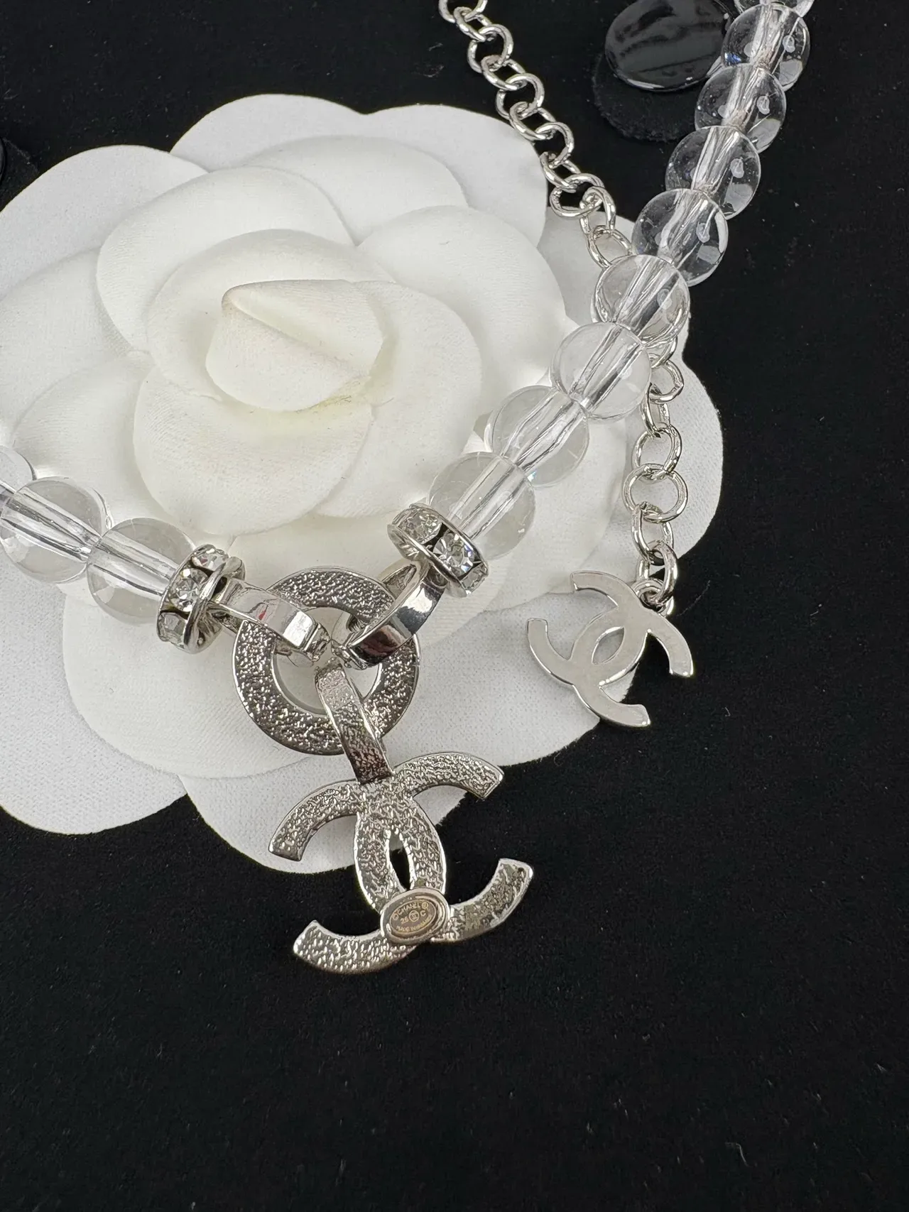 Chanel CC Pendant Necklace Transparent Silver Clear Acrylic Beads Pavé-Crystal Necklace 4