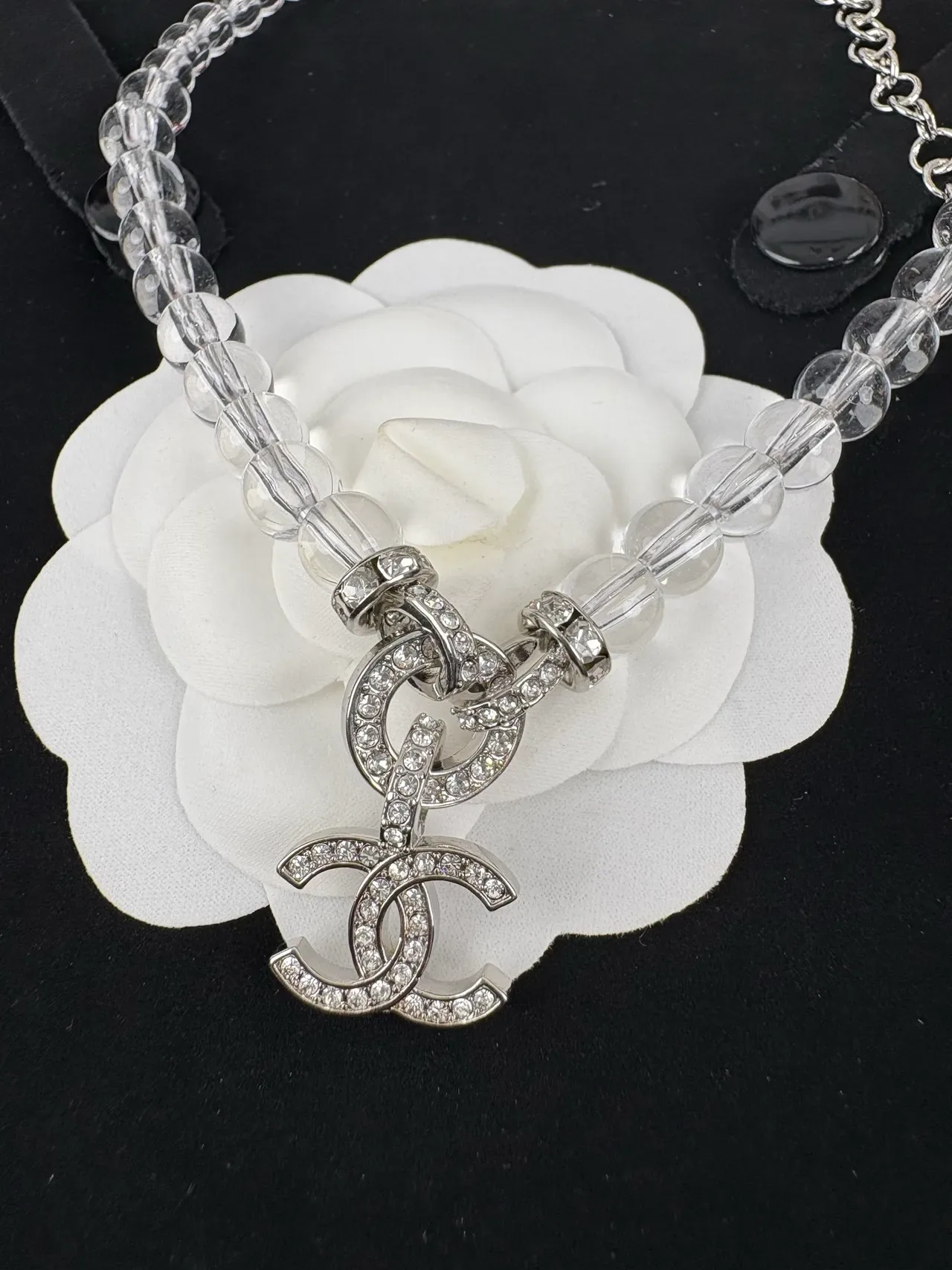 Chanel CC Pendant Necklace Transparent Silver Clear Acrylic Beads Pavé-Crystal Necklace 5