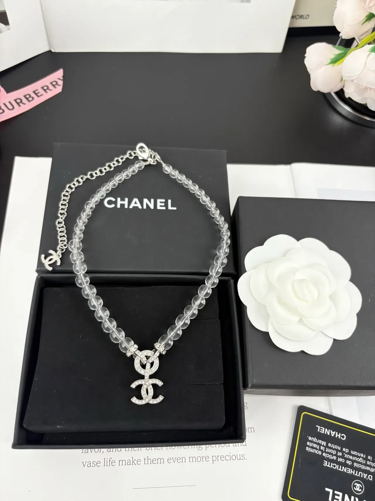 Chanel CC Pendant Necklace Transparent Silver Clear Acrylic Beads Pavé-Crystal Necklace 6