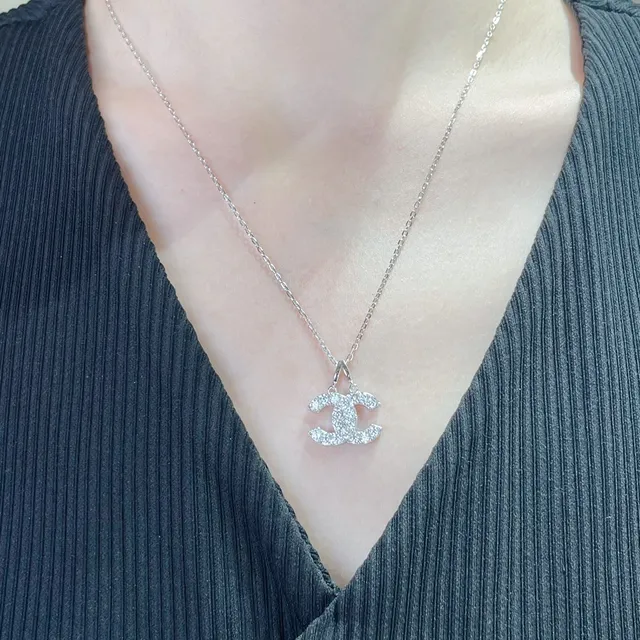 Chanel CC Pendant Silver White Pavé Crystal Interlocking Logo Necklace 9