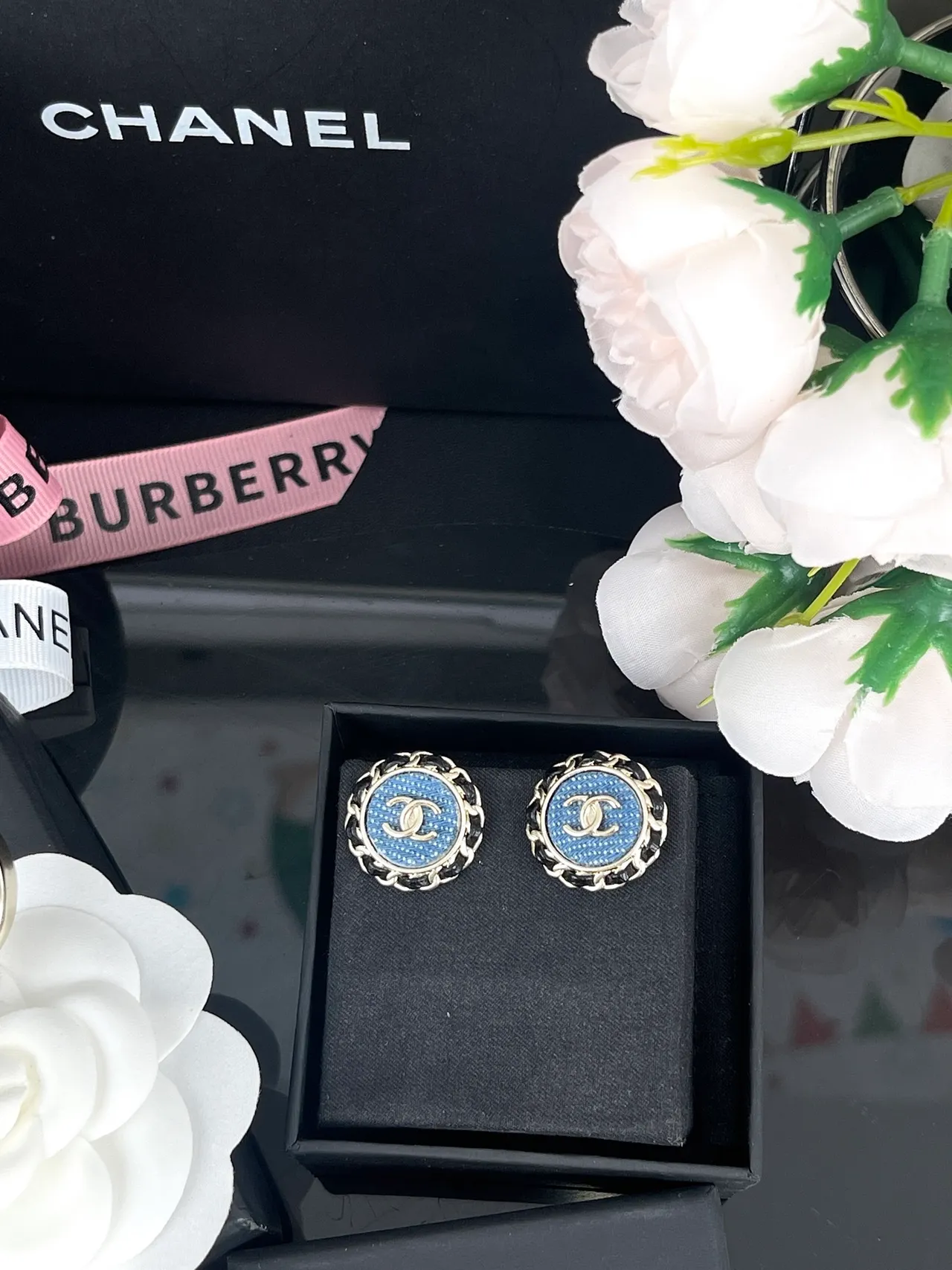 Chanel Boucles d'oreilles chaîne stud Bleu Noir Bordure Circulaire 3