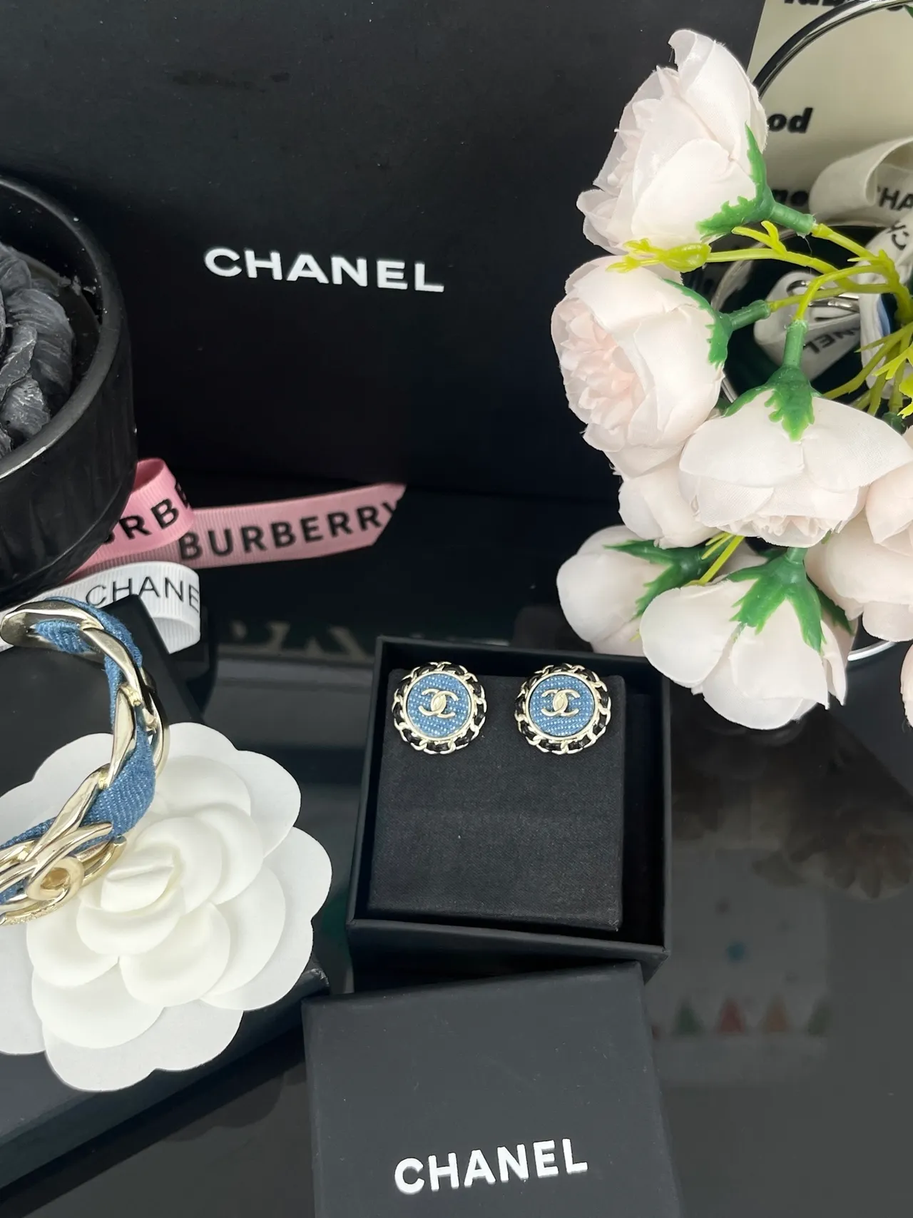 Chanel Boucles d'oreilles chaîne stud Bleu Noir Bordure Circulaire 4