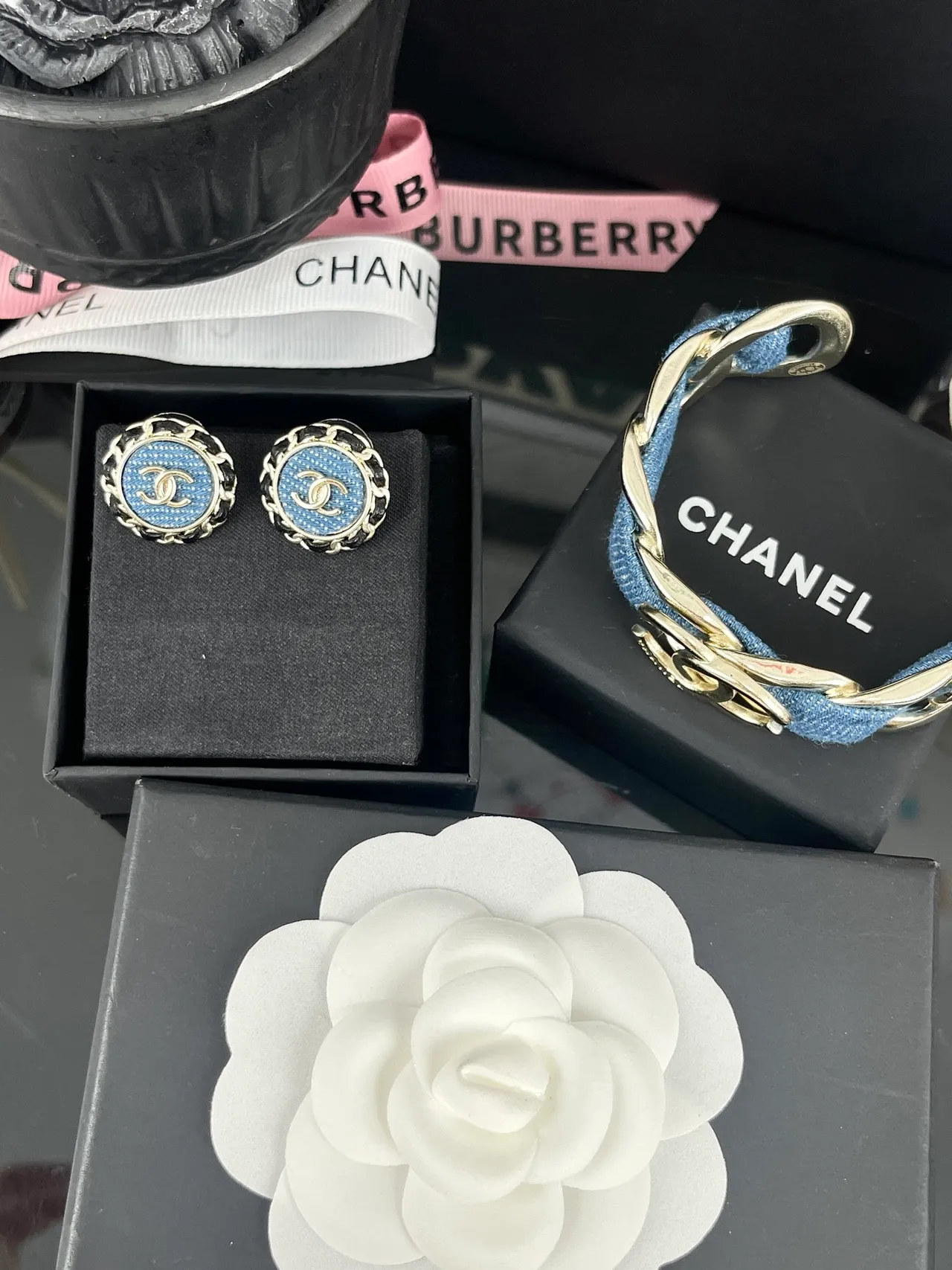 Chanel Boucles d'oreilles chaîne stud Bleu Noir Bordure Circulaire 8