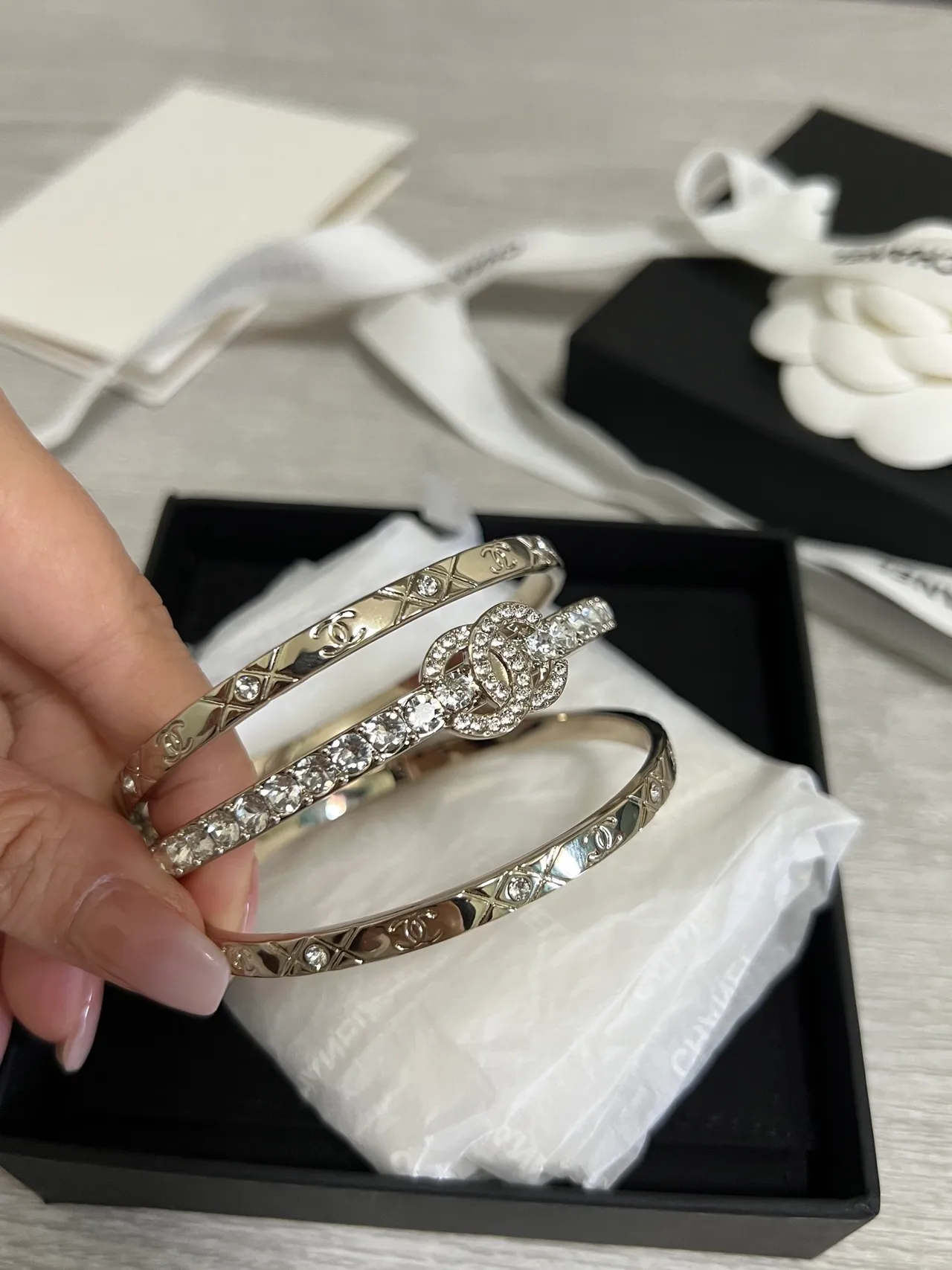 Chanel كلاسيك سوار ذهب فضة معدن كريستال-مكلف سوار 4