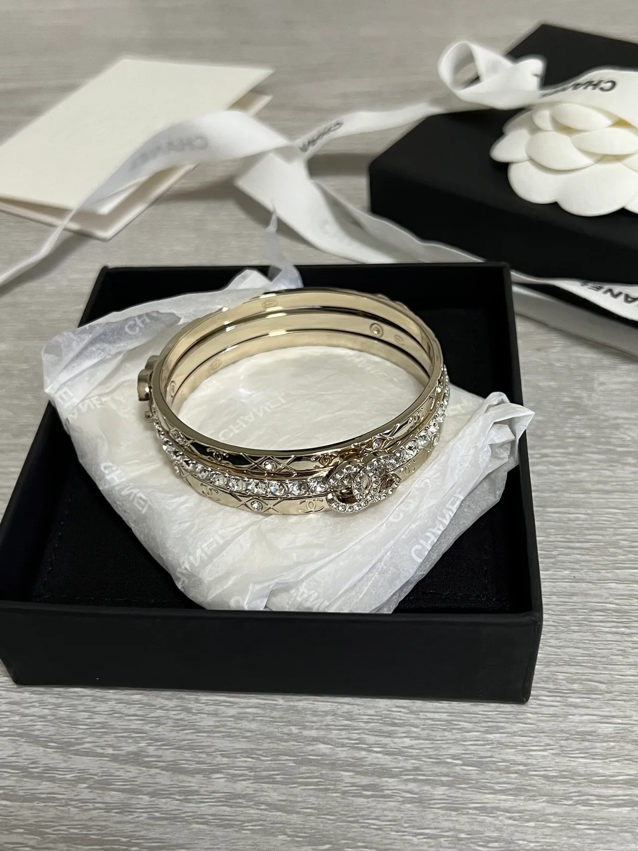 Chanel كلاسيك سوار ذهب فضة معدن كريستال-مكلف سوار 5