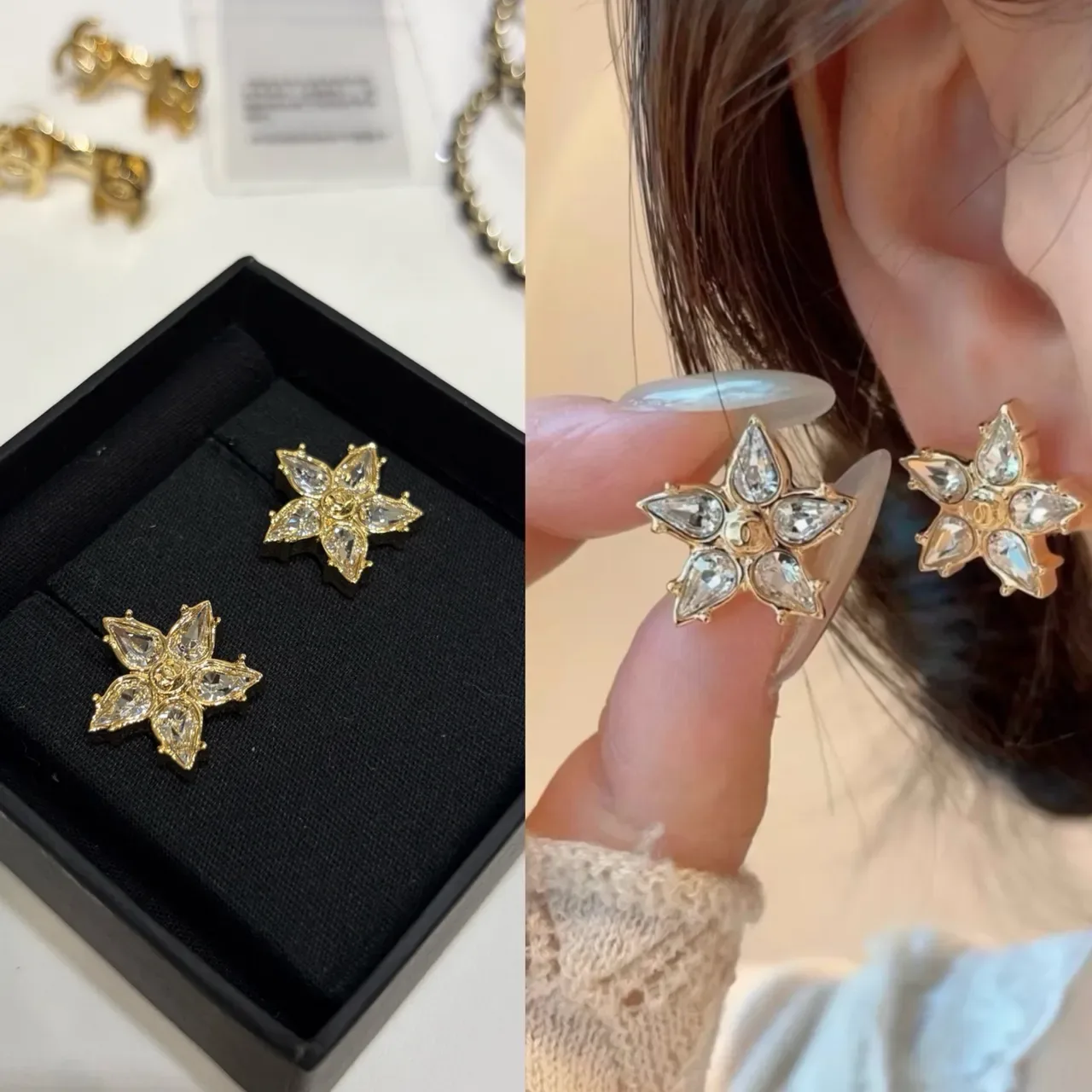 Chanel Gold Transparent Floral Starburst Crystal-Encrusted Earrings 3