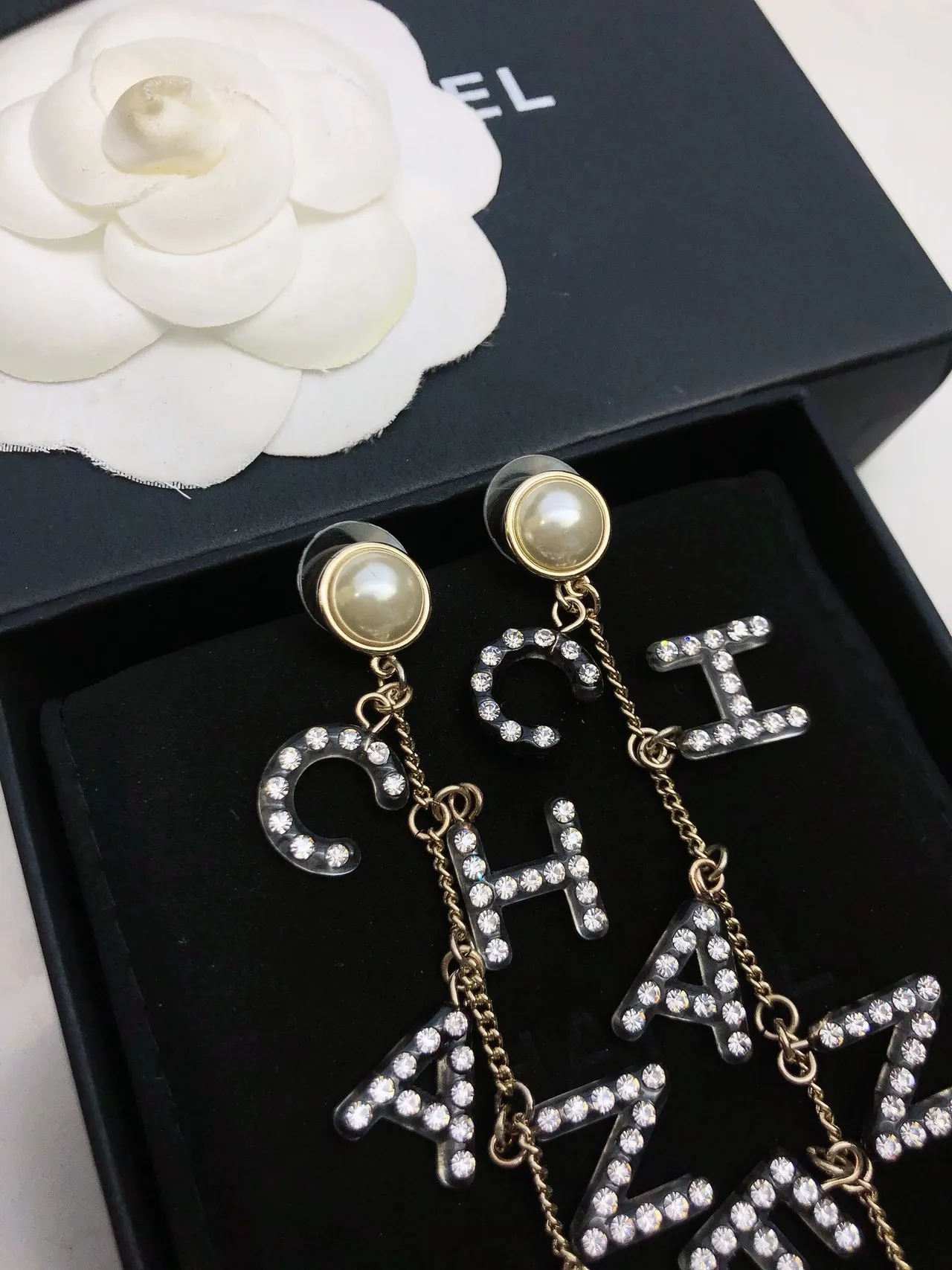Chanel Letters Pearl and Crystal Dangling Earrings 6
