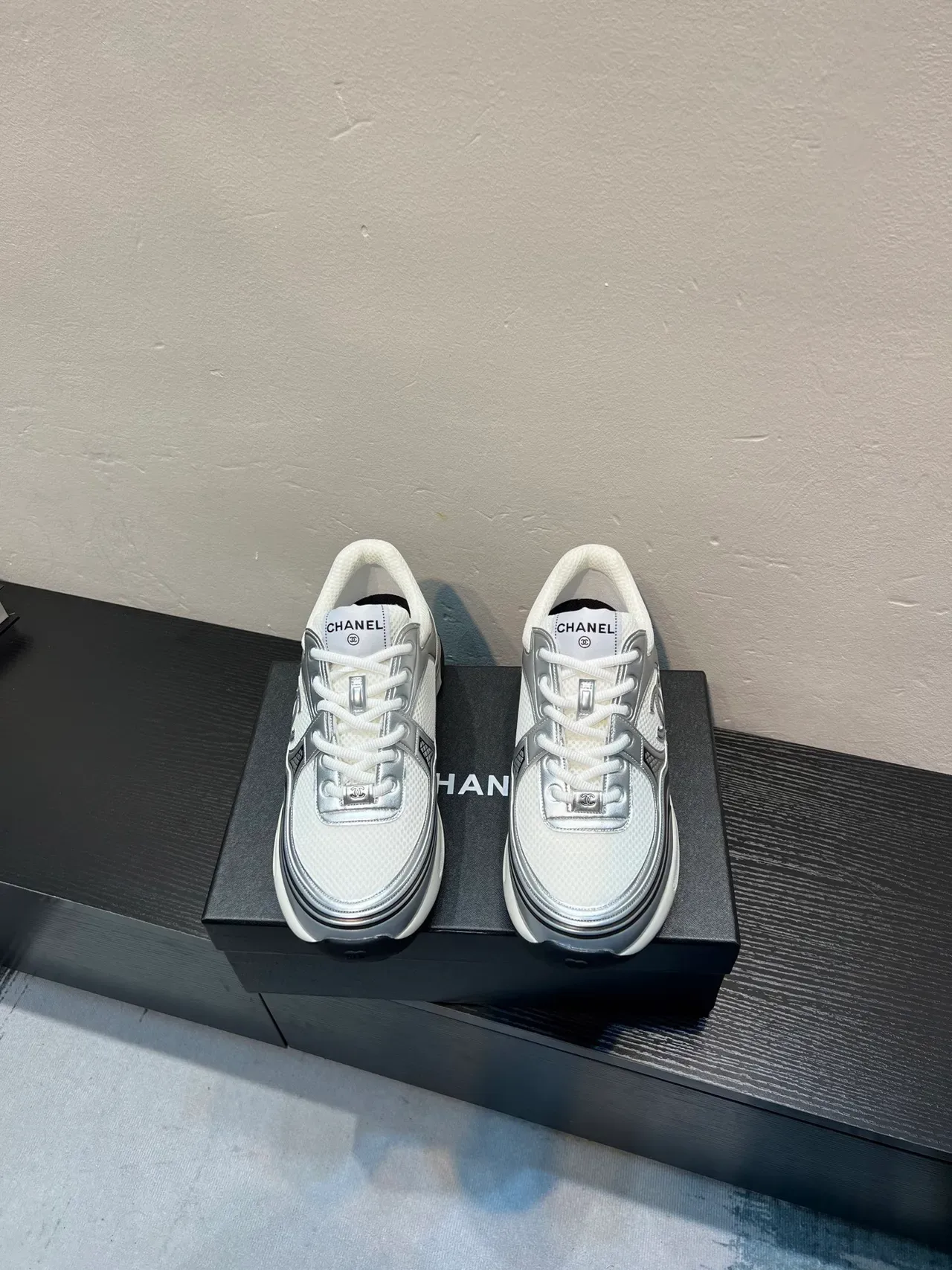 Chanel Lifestyle Sneaker White Silver Mesh And Metallic Overlays Interlocking CC Logo Lifestyle Sneakers 2