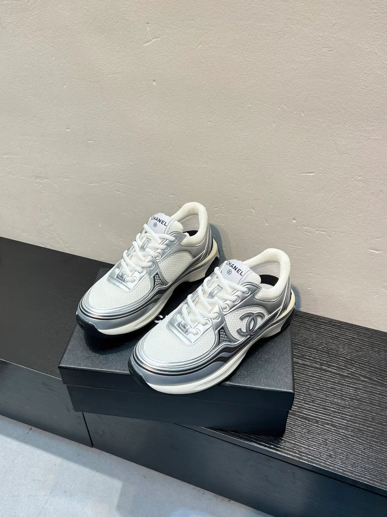 Chanel Lifestyle Sneaker White Silver Mesh And Metallic Overlays Interlocking CC Logo Lifestyle Sneakers 3