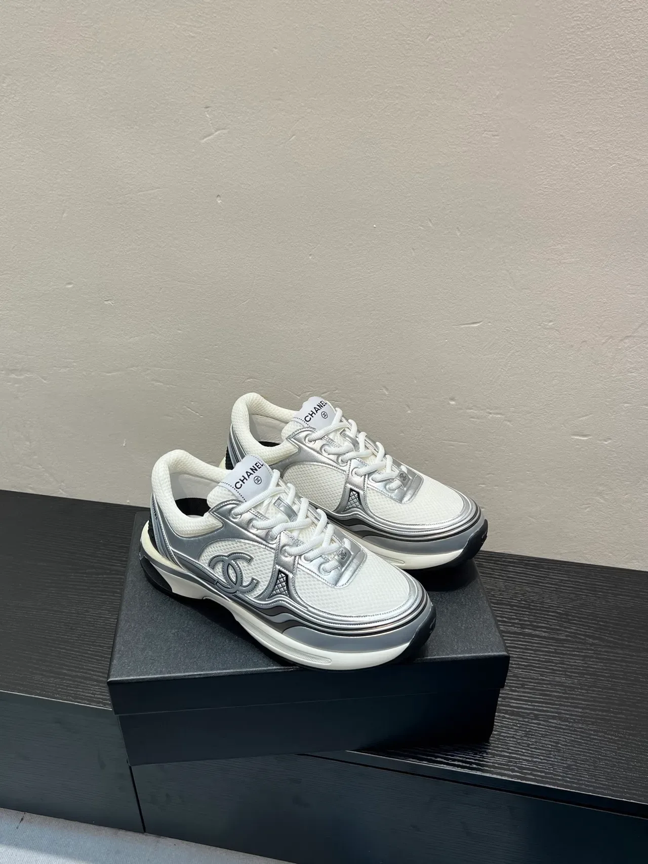 Chanel Lifestyle Sneaker White Silver Mesh And Metallic Overlays Interlocking CC Logo Lifestyle Sneakers 5