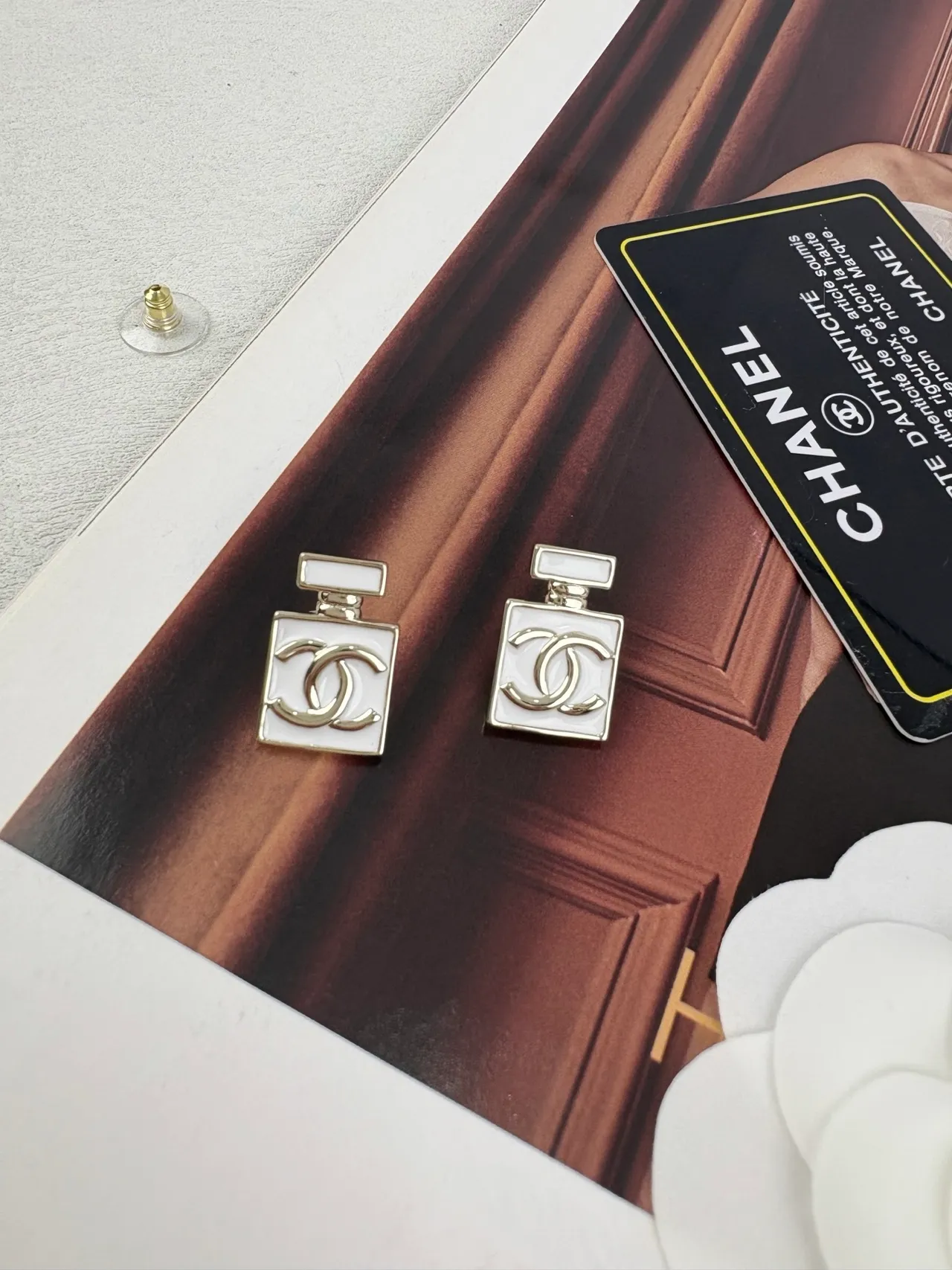Chanel Perfume Bottle White Silver Silhouette Enamel Finish Earrings 3