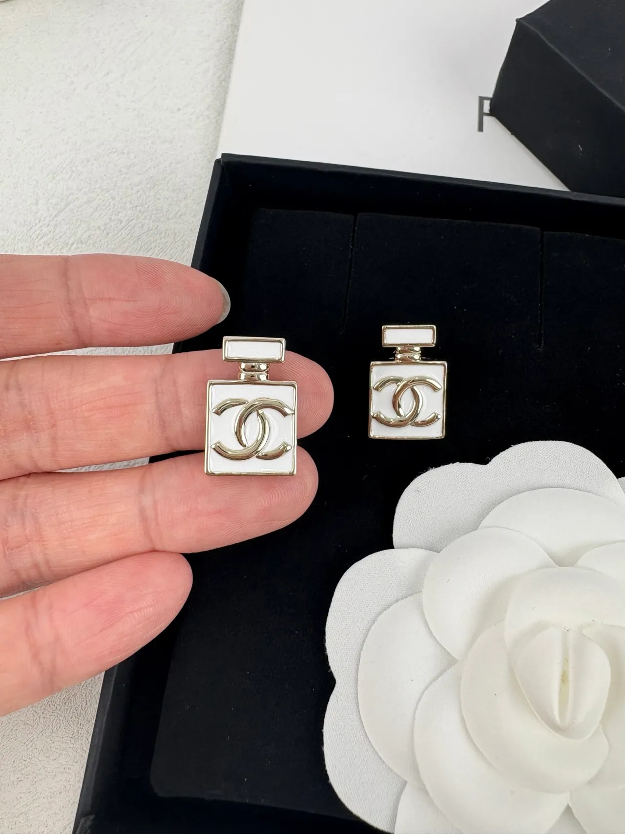 Chanel Perfume Bottle White Silver Silhouette Enamel Finish Earrings 5