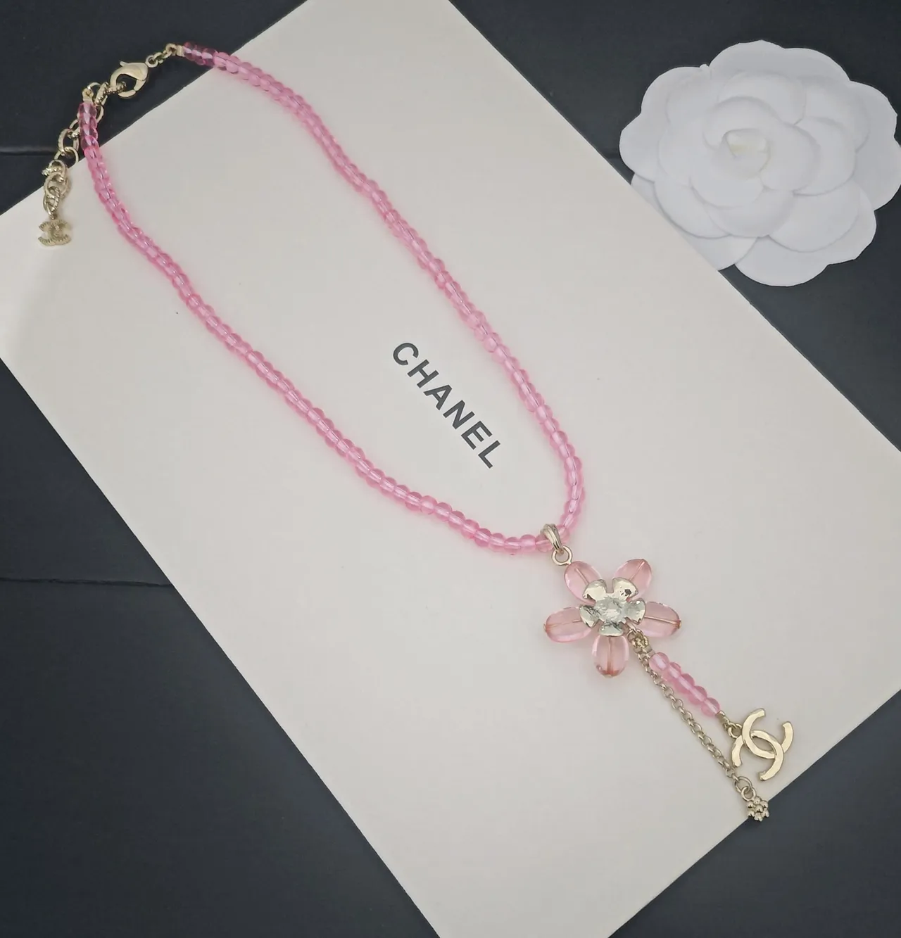 Chanel Pink Beaded Floral Pendant Necklace 4