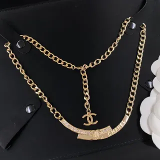 Chanel Signature Chain Necklace ذهبي شفاف كربل كريستال مكلل قوسي قضيب قلادة