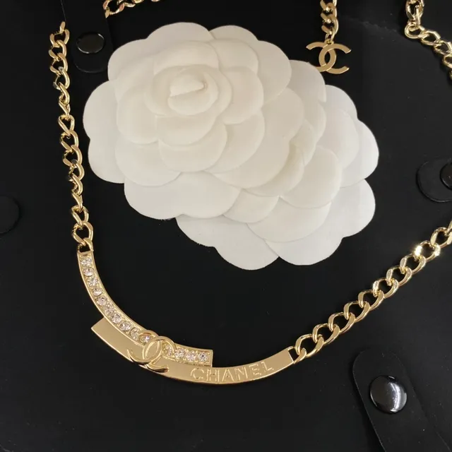 Chanel Signature Chain Necklace Or Transparent Curb Cristallisé Barre courbée Collier 4