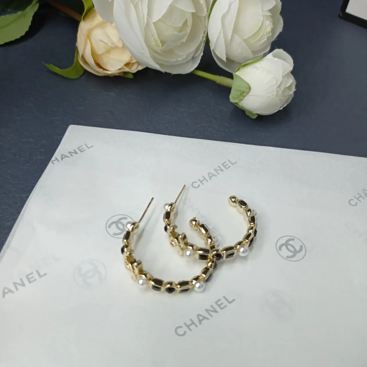 Chanel Silver Black Hoop Earring Interlocking CC Logo Earrings 6