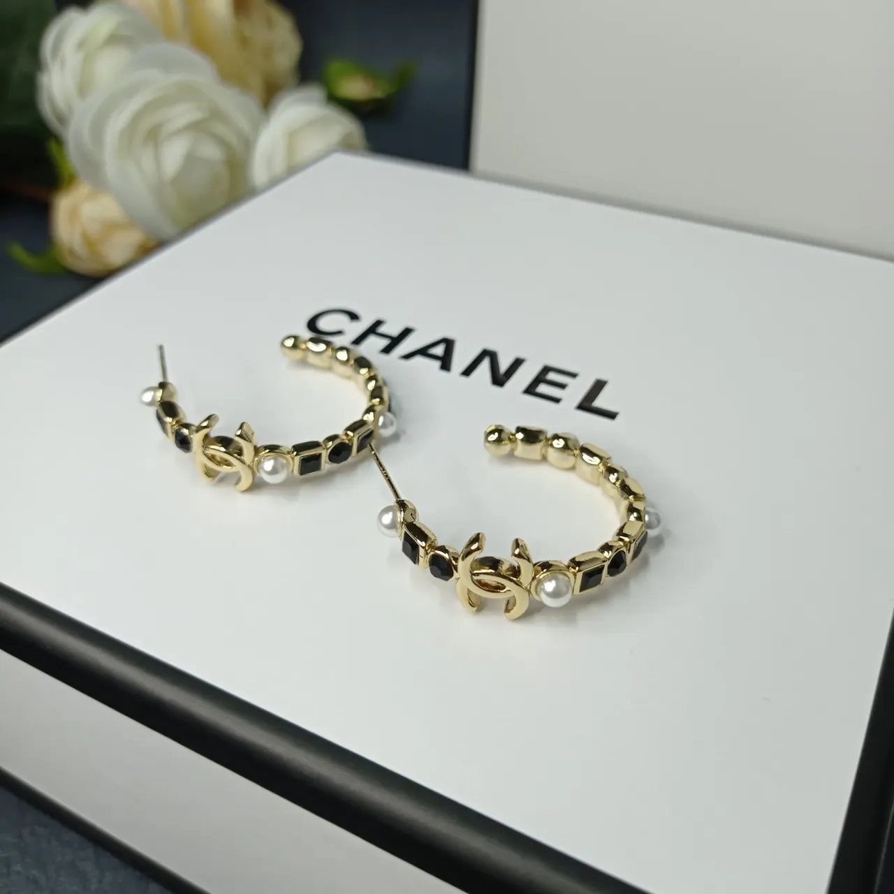 Chanel Silver Black Hoop Earring Interlocking CC Logo Earrings 9