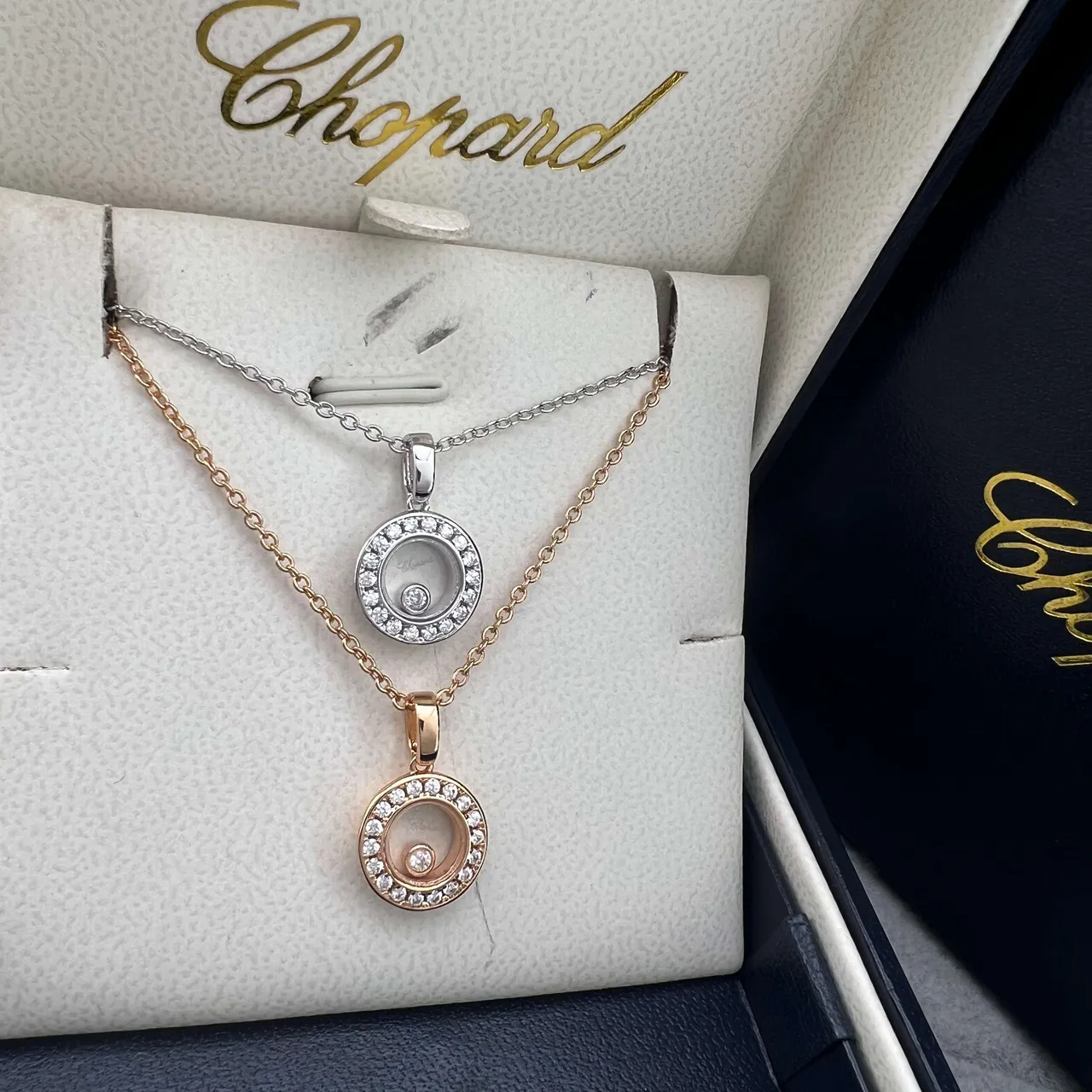 Chopard Happy Diamonds সোনা রূপা সার্কুলার ঘোরানো পেন্ডেন্ট Pavé হীরা হ্যালো নেকলেস 7