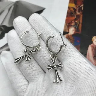 Chrome Hearts Cross Hoop Silver Dangling Cross Earrings