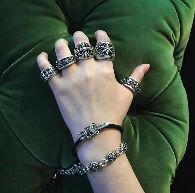 Chrome Hearts Engraved Wide-Band Ring Silver Black Ring 6