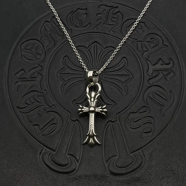 Chrome Hearts Silver Black Gothic Cross Pavé-Stone Accented Necklace 2