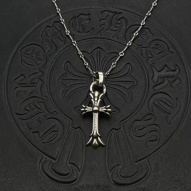 Chrome Hearts Silver Black Gothic Cross Pavé-Stone Accented Necklace 4