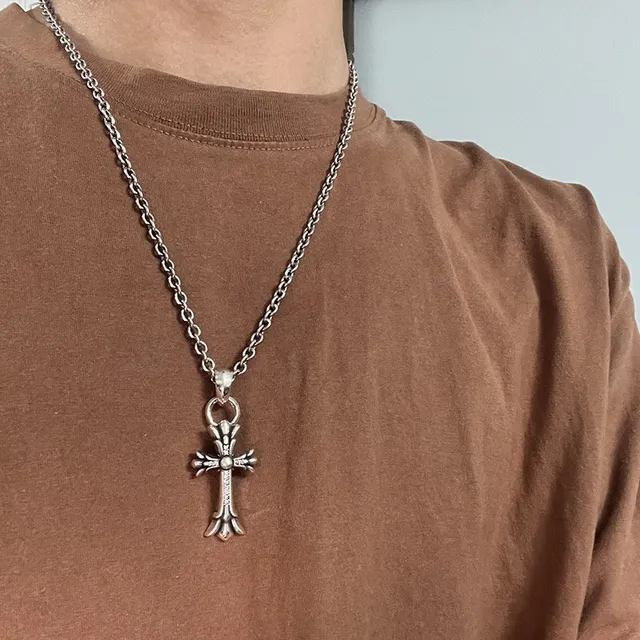 Chrome Hearts Silver Black Gothic Cross Pavé-Stone Accented Necklace 5
