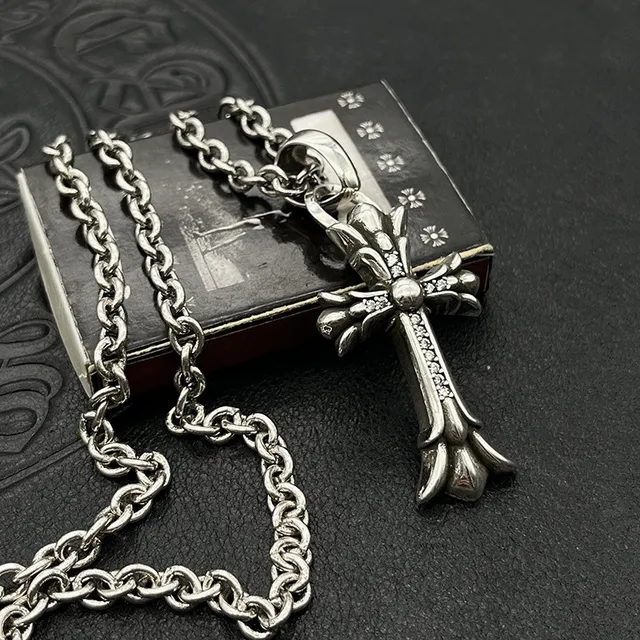 Chrome Hearts Silver Black Gothic Cross Pavé-Stone Accented Necklace 7