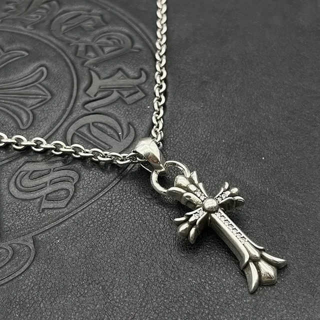 Chrome Hearts Silver Black Gothic Cross Pavé-Stone Accented Necklace 8