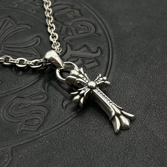 Chrome Hearts Silver Black Gothic Cross Pavé-Stone Accented Necklace 9