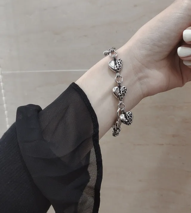 Chrome Hearts Silver Black Heart-Link Bracelet 2