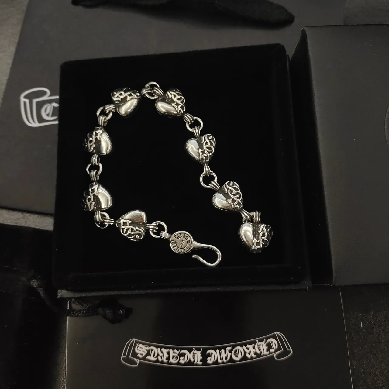Chrome Hearts Silver Black Heart-Link Bracelet 4