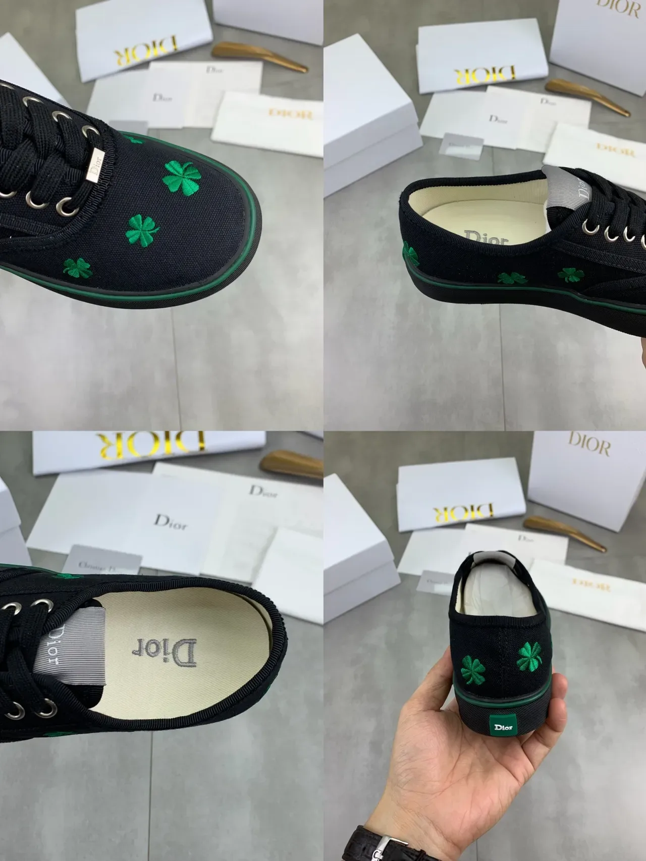 Dior B23 Zapatillas Lifestyle Negro y Verde Lona Superior Bordadas Cuatro Hojas de Trébol 3