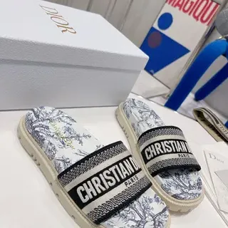 Dior B27 Slide أبيض أزرق Toile de Jouy نعال