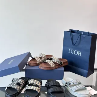Dior Black Beige Double-Strap Slide Oblique Jacquard Casual Sandals