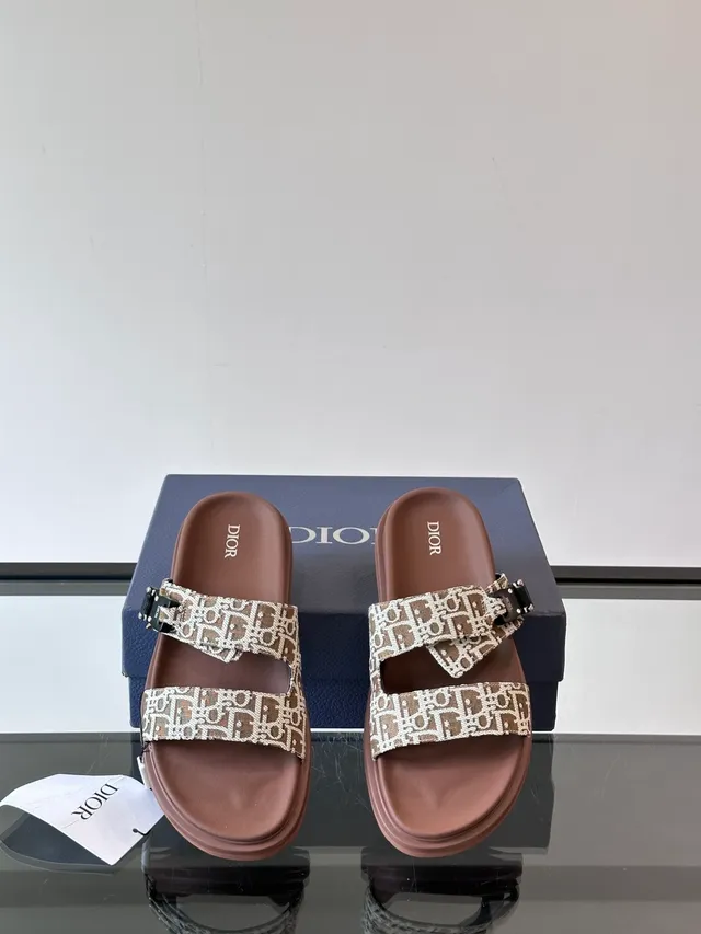 Dior Black Beige Double-Strap Slide Oblique Jacquard Casual Sandals 7
