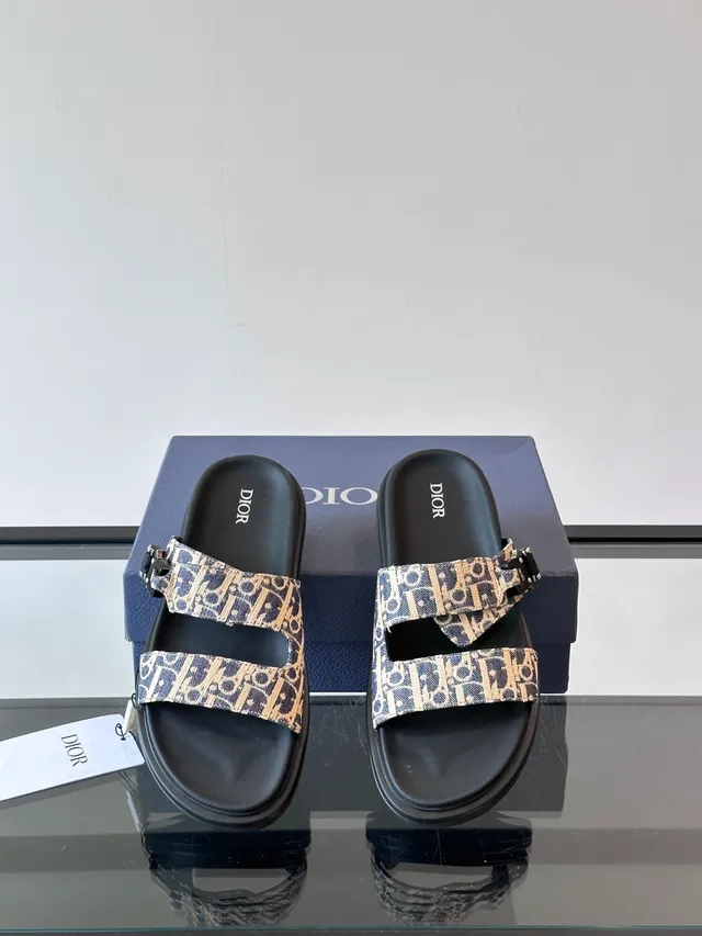 Dior Black Beige Double-Strap Slide Oblique Jacquard Casual Sandals 9
