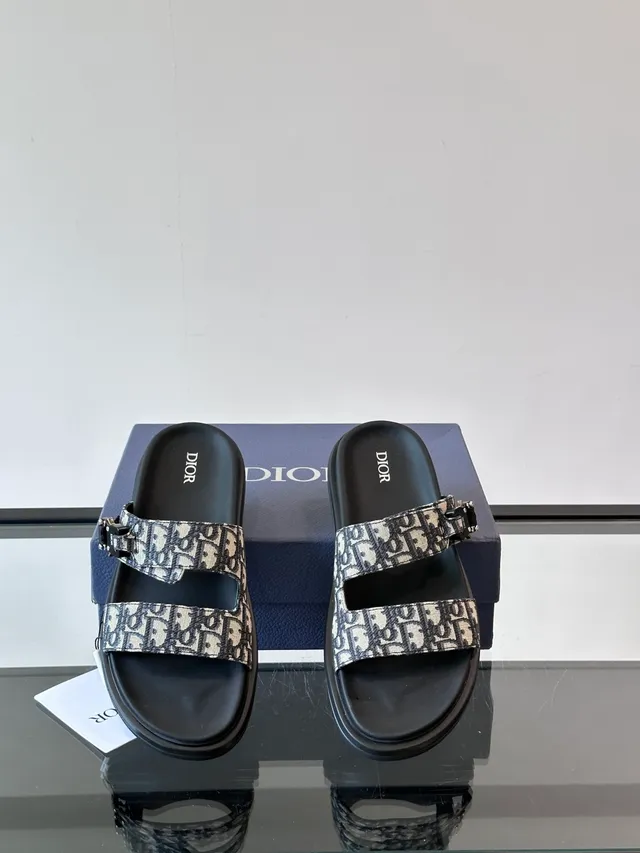 Dior Black Beige Double-Strap Slide Oblique Jacquard Casual Sandals 10