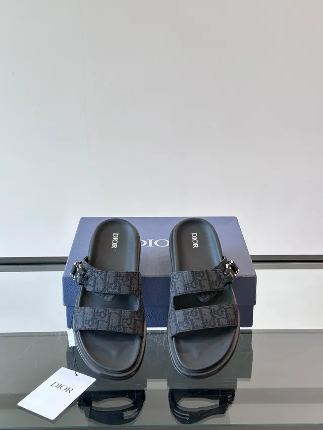 Dior Black Beige Double-Strap Slide Oblique Jacquard Casual Sandals 11