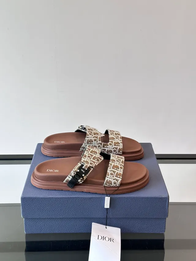 Dior Black Beige Double-Strap Slide Oblique Jacquard Casual Sandals 12