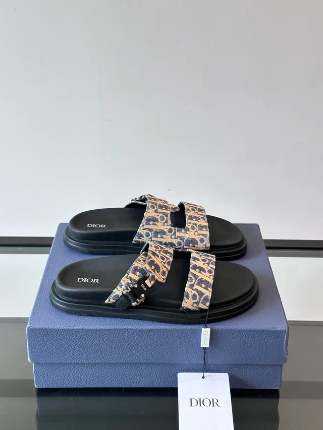 Dior Black Beige Double-Strap Slide Oblique Jacquard Casual Sandals 14