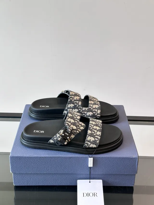 Dior Black Beige Double-Strap Slide Oblique Jacquard Casual Sandals 15