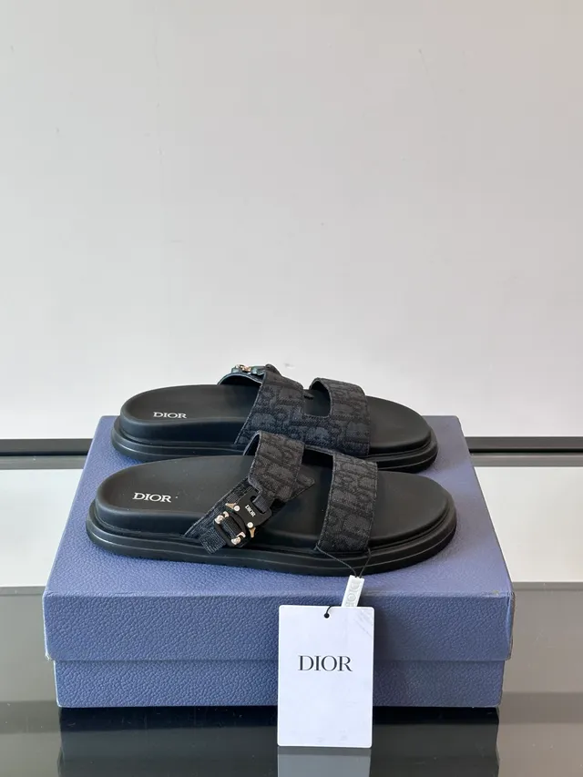 Dior Black Beige Double-Strap Slide Oblique Jacquard Casual Sandals 16