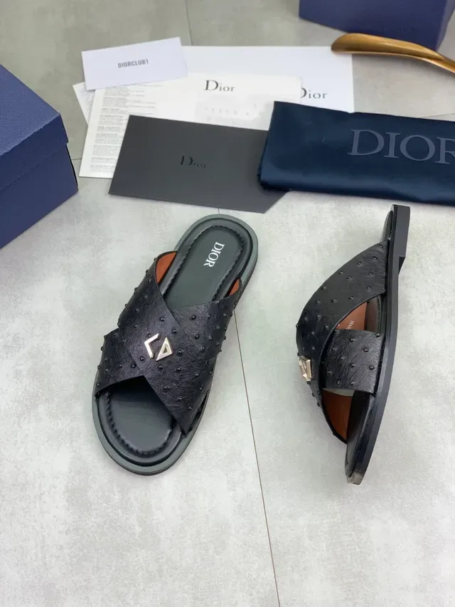 Dior Black Brown Ostrich-Textured Leather Crossed Straps Slippers 5