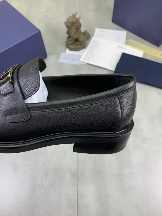 Dior Noir Argent Cuir Texturé Metal CD Boucle Bride Loafer 4